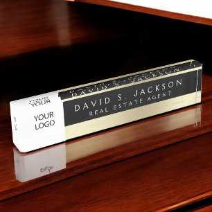 Custom Logo Black Gold Elegant Professional Desk Name Plate