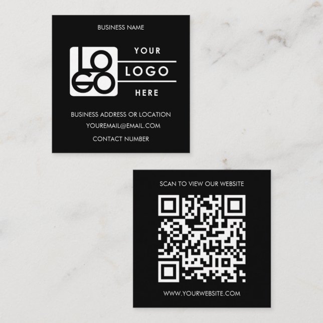 Custom Logo Black White QR Code Website  Square Business Card (Front/Back)