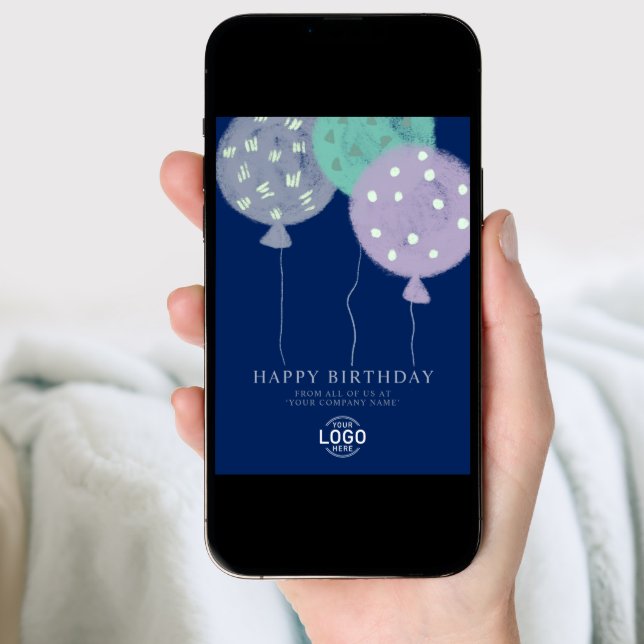 Custom Logo Blue Balloons Business Birthday Card (Front Digital)