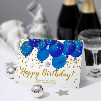 Custom Logo Blue Balloons Gold Confetti Birthday Card by pinkpinetree at Zazzle
