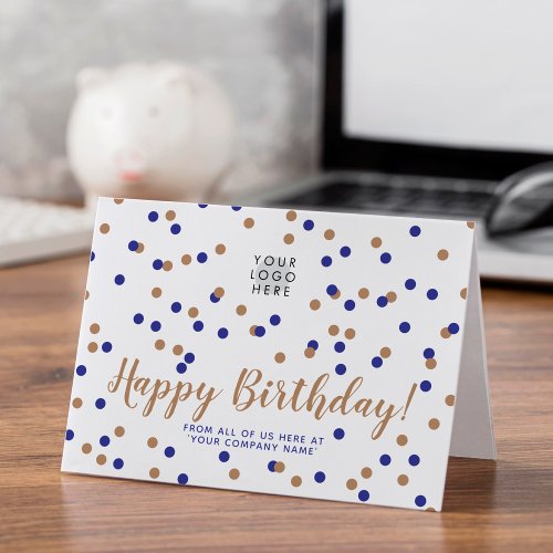 Custom Logo Blue Gold Confetti Happy Birthday Card