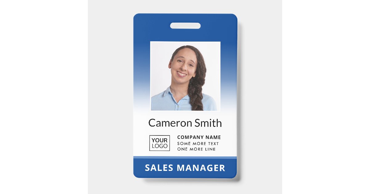Custom logo blue gradient employee name title id badge | Zazzle
