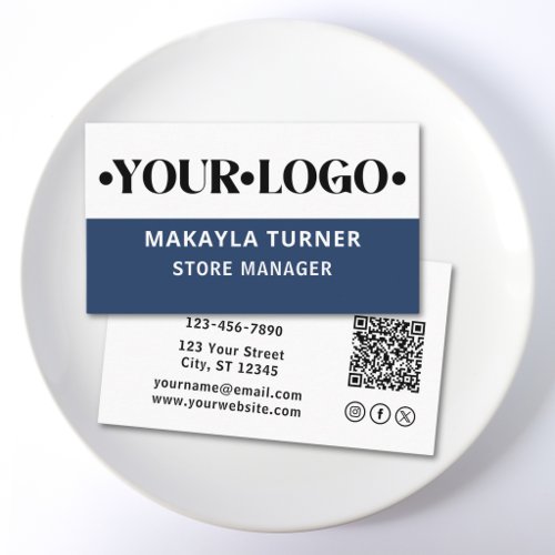 Custom Logo Blue QR Code Social Icons Business Card