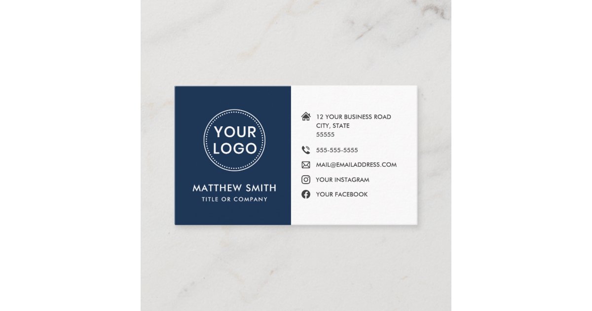 Custom Logo Blue White Modern Social Media Icons Business Card