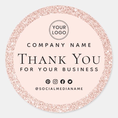 Custom logo blush pink glitter business thank you classic round sticker