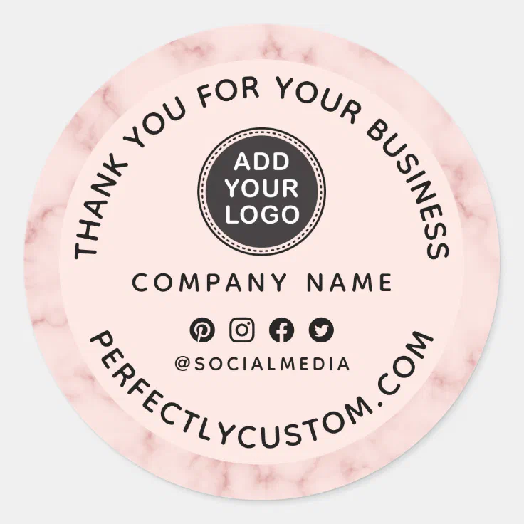 Custom logo blush pink marble business thank you classic round sticker ...