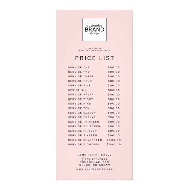 Custom Logo Blush Price Service List  Rack Card (Front)