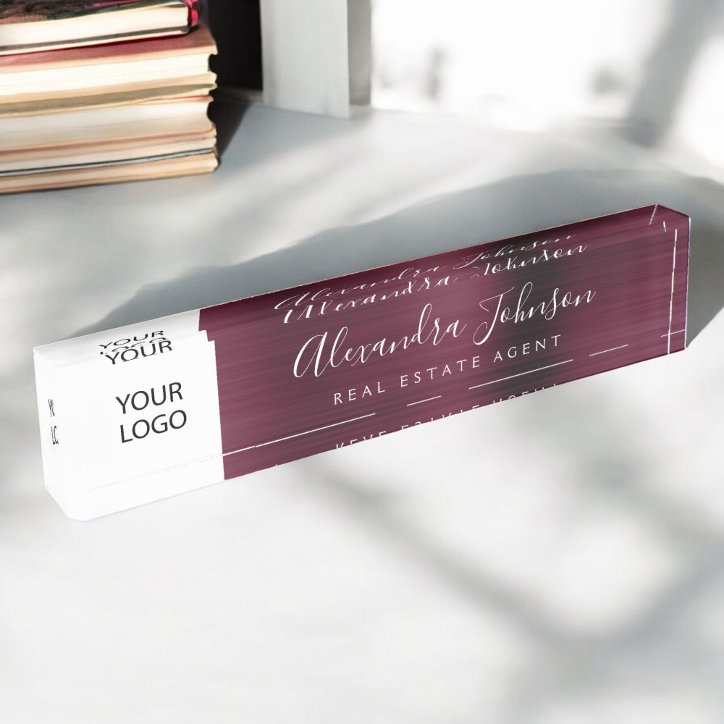Custom Logo Burgundy Elegant Professional Desk Name Plate