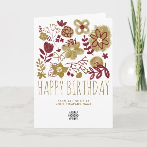 Custom Logo Burgundy Gold Flowers Happy Birthday Card
