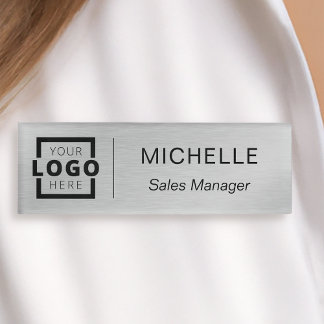 Custom Logo Business Employee Staff Faux Silver Name Tag