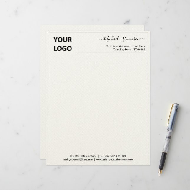 Custom Logo Business Name Elegant Frame Modern  Letterhead (Front/Back In Situ)