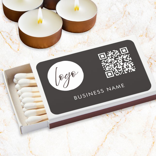 Custom Logo Business QR Code Minimalist Matchboxes (A stylish matchbox in dark charcoal brown, with custom logo, business name and QR code)