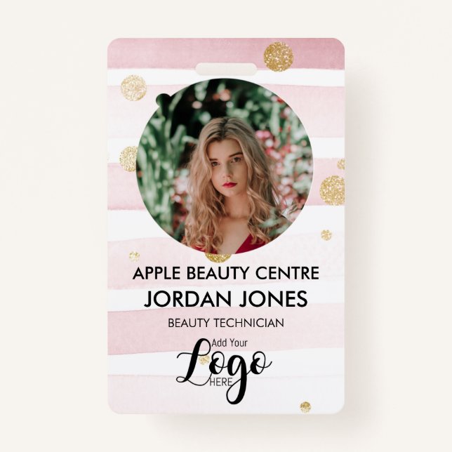 custom logo business staff Photo pink glitter ID B Badge (Front)