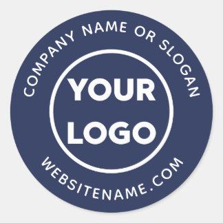 Custom Logo Business Website and Slogan Navy Blue Classic Round Sticker