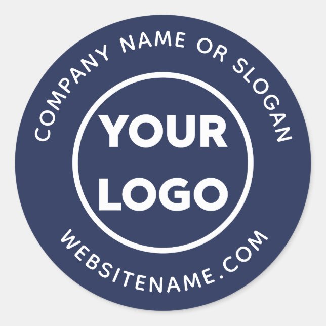 Custom Logo Business Website and Slogan Navy Blue Classic Round Sticker (Front)