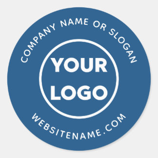 Custom Logo Business Website and Slogan on Blue Classic Round Sticker