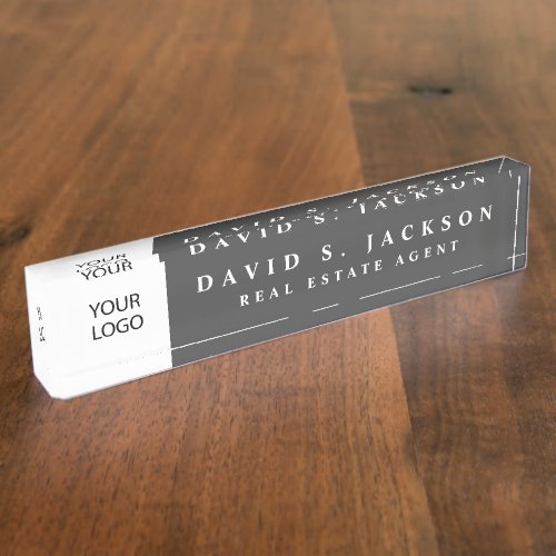 Custom Logo Charcoal Grey Elegant Professional Desk Name Plate