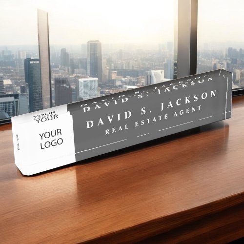 Custom Logo Charcoal Grey Elegant Professional Desk Name Plate
