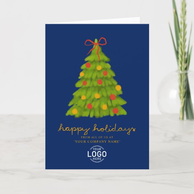 Custom Logo Christmas Tree Navy Blue Business Holiday Card (Front)