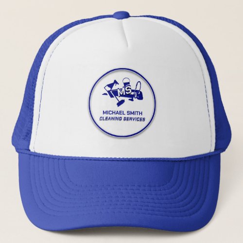 Custom Logo Cleaning Services Monogram Trendy Blue Trucker Hat
