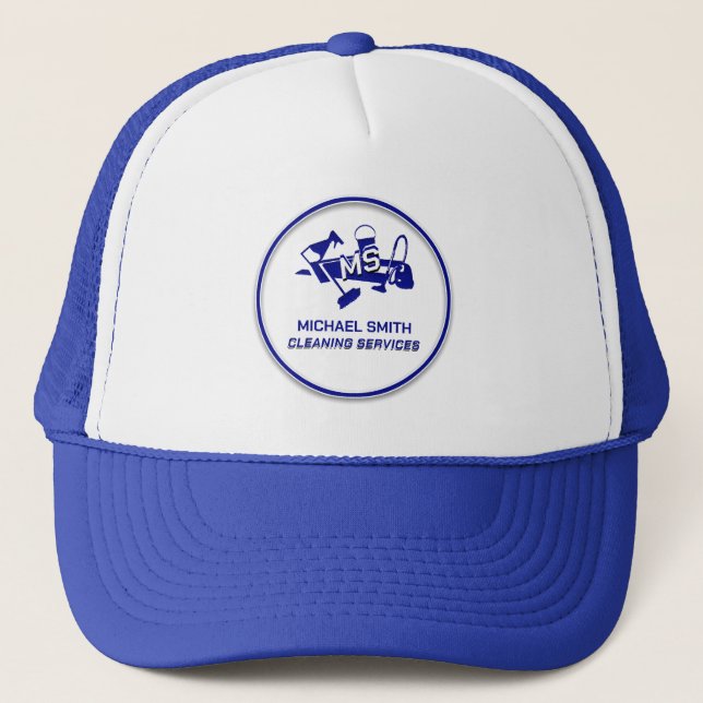 Custom Logo Cleaning Services Monogram Trendy Blue Trucker Hat (Front)