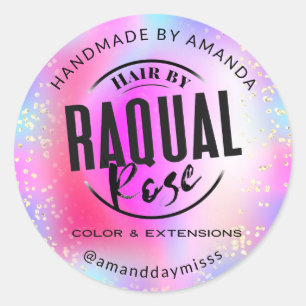 Custom Logo Company Name Holograph Pink Candy Classic Round Sticker