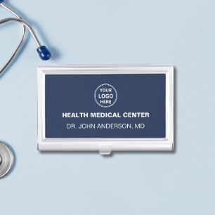 Custom Logo Doctor Clinic Healthcare Navy Blue Business Card Case