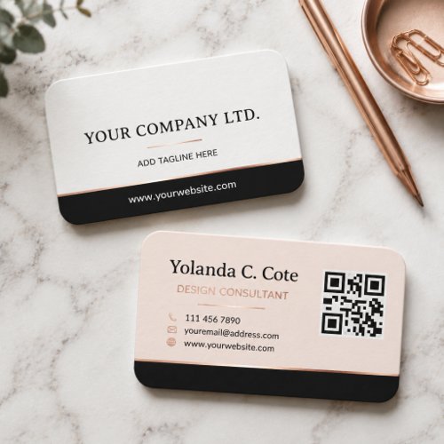 Custom Logo Elegant Beige Blac QR Code Foil Busine Business Card