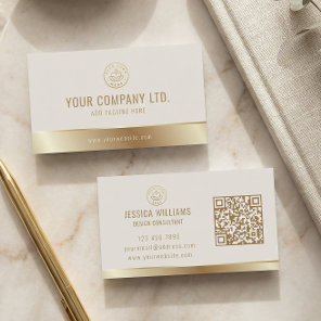 Custom Logo Elegant Beige Gold QR Code Business Card