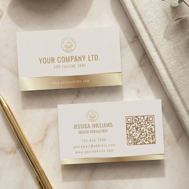 Custom Logo Elegant Beige Gold QR Code Business Card (Creator Uploaded)