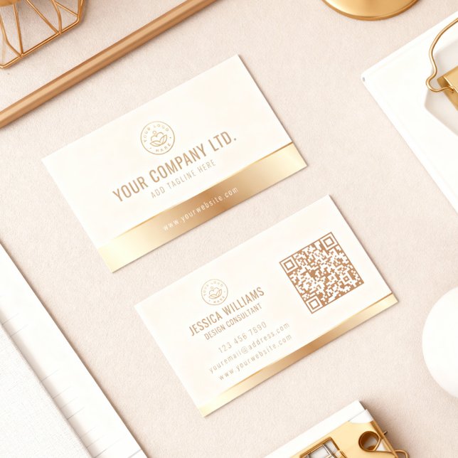 Custom Logo Elegant Beige Gold QR Code Business Card (Creator Uploaded)