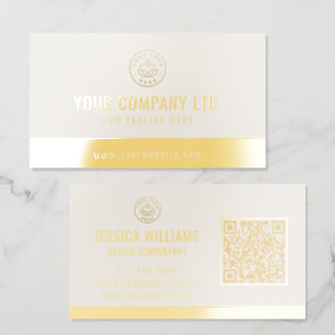 Custom Logo Elegant Beige Gold QR Code Foil Business Cards