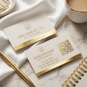 Custom Logo Elegant Beige Gold QR Code Foil Business Cards