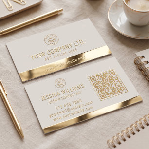 Custom Logo Elegant Beige Gold QR Code Foil Business Cards