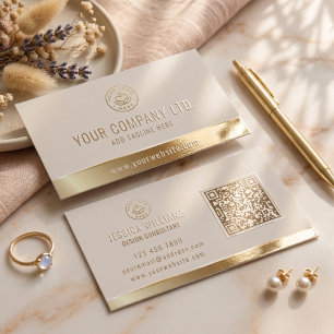 Custom Logo Elegant Beige Gold QR Code Raised Spot UV Business Card