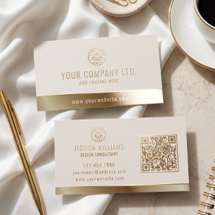 Custom Logo Elegant Beige Gold QR Code Raised Spot UV Business Card