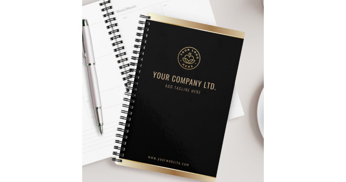 Custom Logo Elegant Black Gold Planner | Zazzle