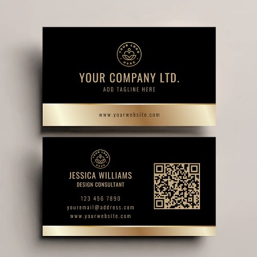 Custom Logo Elegant Black Gold QR Code Business Card