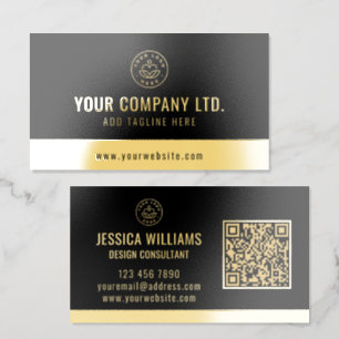 Custom Logo Elegant Black Gold QR Code Foil Business Cards