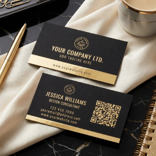 Custom Logo Elegant Black Gold QR Code Foil Business Cards