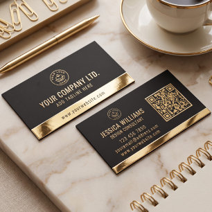 Custom Logo Elegant Black Gold QR Code Foil Business Cards