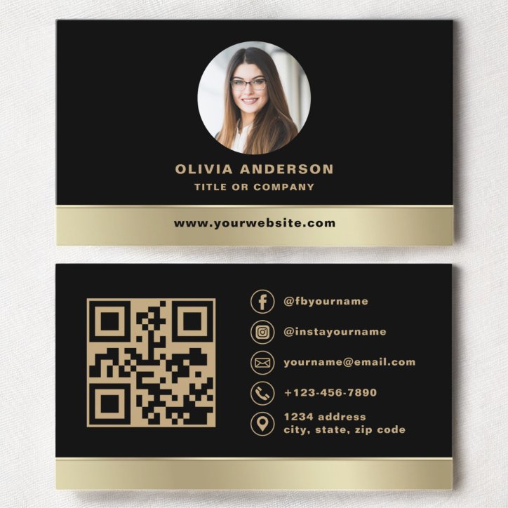 Custom Logo Elegant Black Gold QR Code Photo Business Card