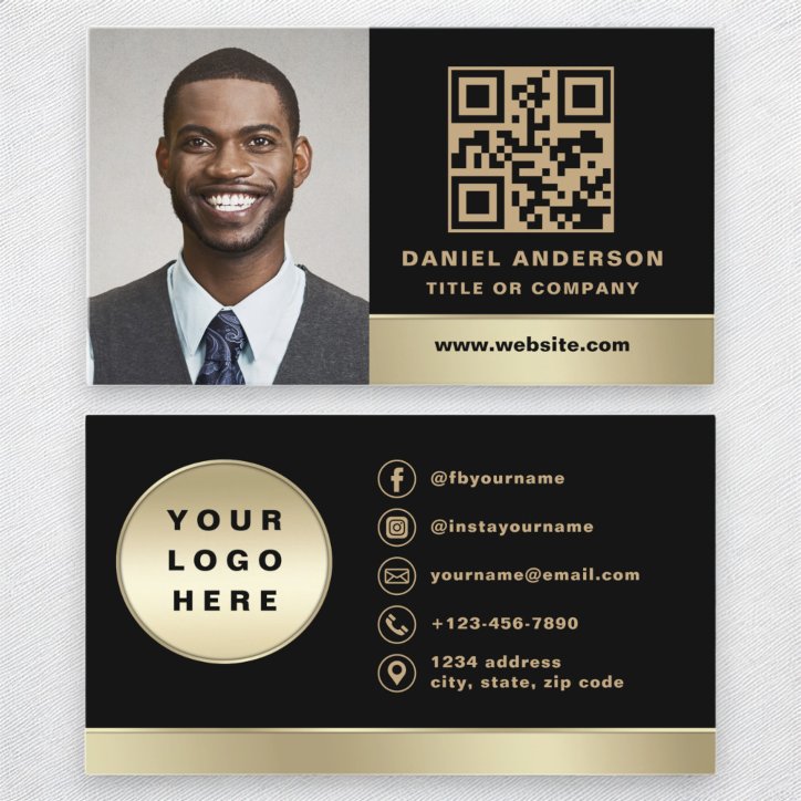 Custom Logo Elegant Black Gold QR Code Photo Business Card