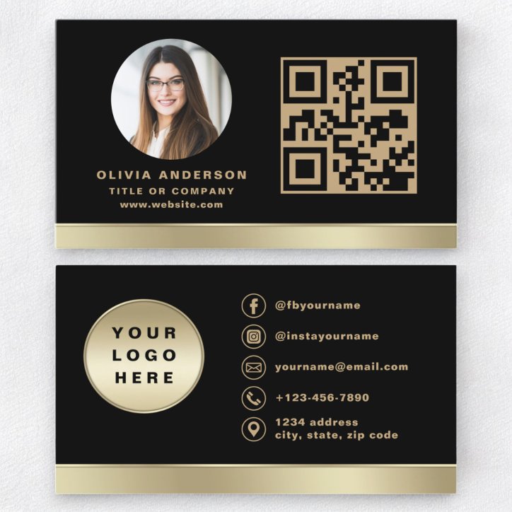 Custom Logo Elegant Black Gold QR Code Photo Business Card