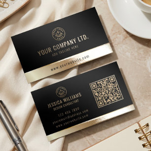 Custom Logo Elegant Black Gold QR Code Raised Spot UV Business Card