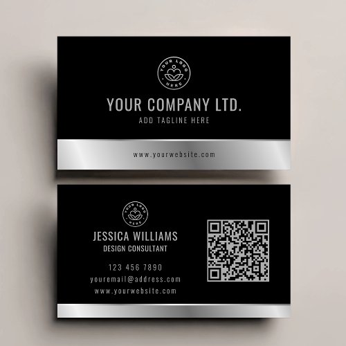 Custom Logo Elegant Black Silver QR Code Business Card