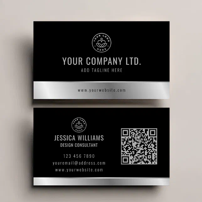 Silver Qr Code Logo Custom Logo Elegant Black Silver QR Code Business Card | Zazzle