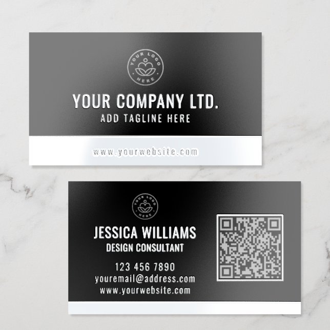 Custom Logo Elegant Black Silver QR Code Foil Business Cards (Front & Back)