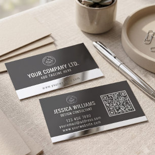Custom Logo Elegant Black Silver QR Code Foil Business Cards