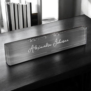 Custom Logo Elegant Black White Desk Name Plate